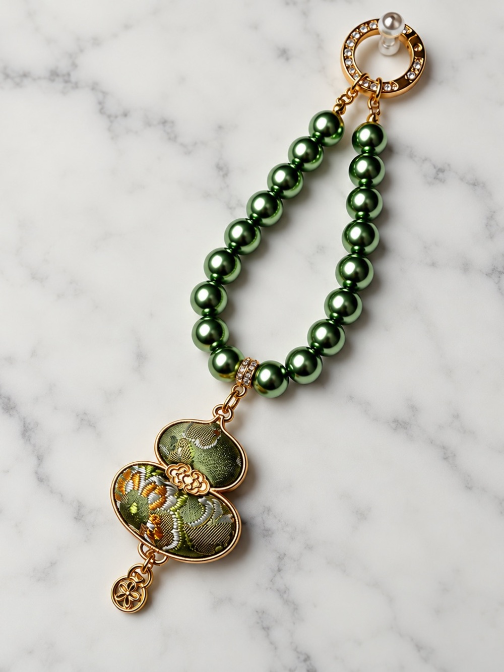 Green Pearl Bead Necklace with Gold Filigree Pendant